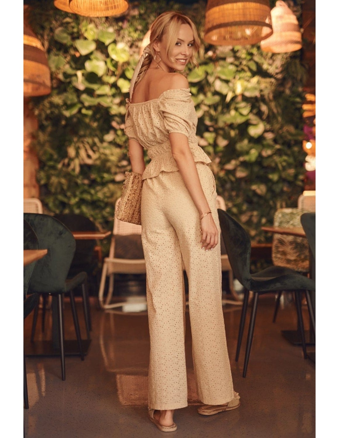 Openwork boho set, beige blouse and trousers FG595 - Online store - Boutique